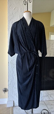 VINTAGE MAX MARA NAVY BLUE POLKA DOT SILK MIDI WRAP DRESS 46