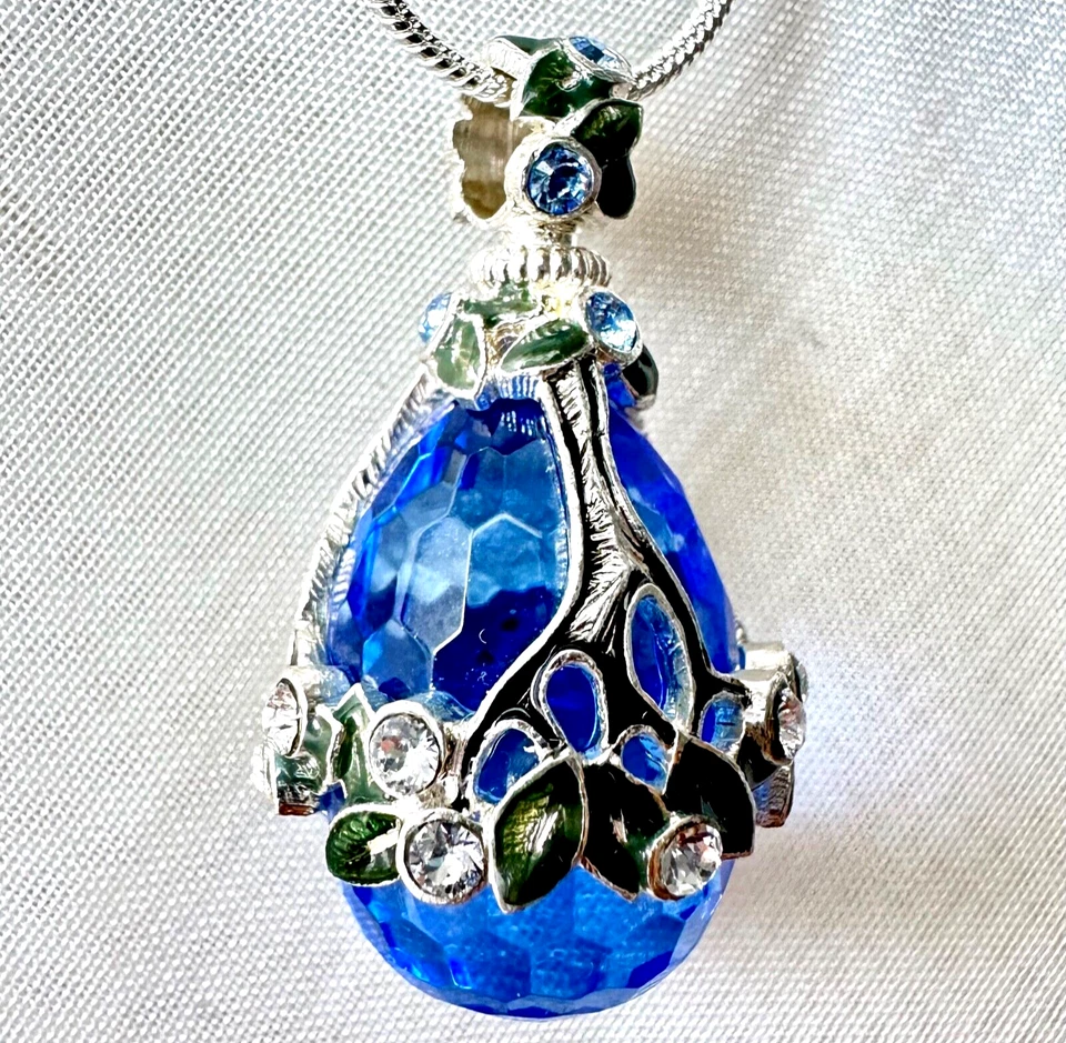 Pingente de ovo fabergé topázio azul esterlina cristais Swarovski esmalte corrente 24" - Imagem 2 de 4