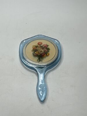 Vintage Mini Plastic Hand Mirror /w Gorgeous Floral Bouquet on Back Toy Mirror