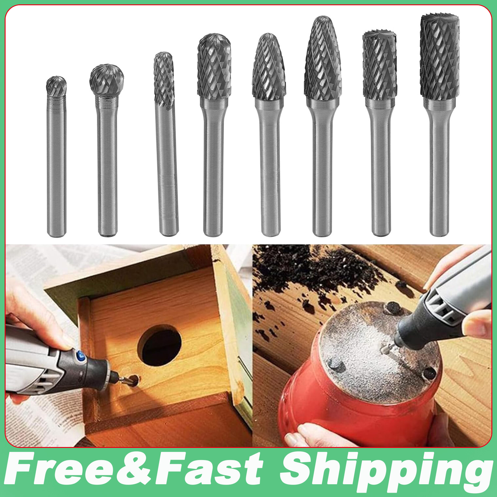 8Pcs Double Cut Tungsten Carbide Rotary Burr Set 1/4-Inch Shank Die Grinder Bits