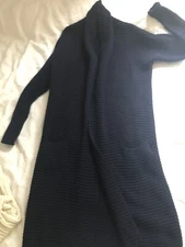 ladies long open front cardigan coatican Celtic and co blue size S 100%lambswool