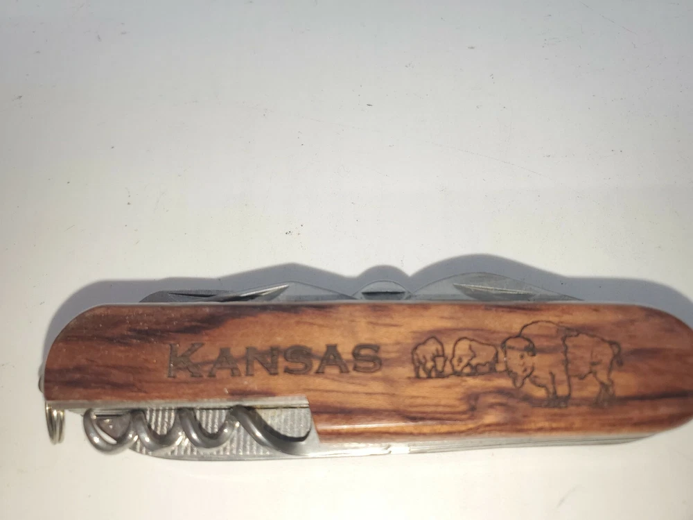 Multi-tool Pocket Knife Letter "H" Kansas Buffalo Engraved  On Wood  Handle