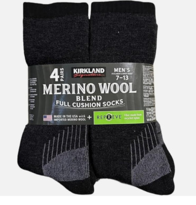 4 Pk Kirkland Signature Merino Wool Blend Stretch Socks Full Heel Support! NWT!