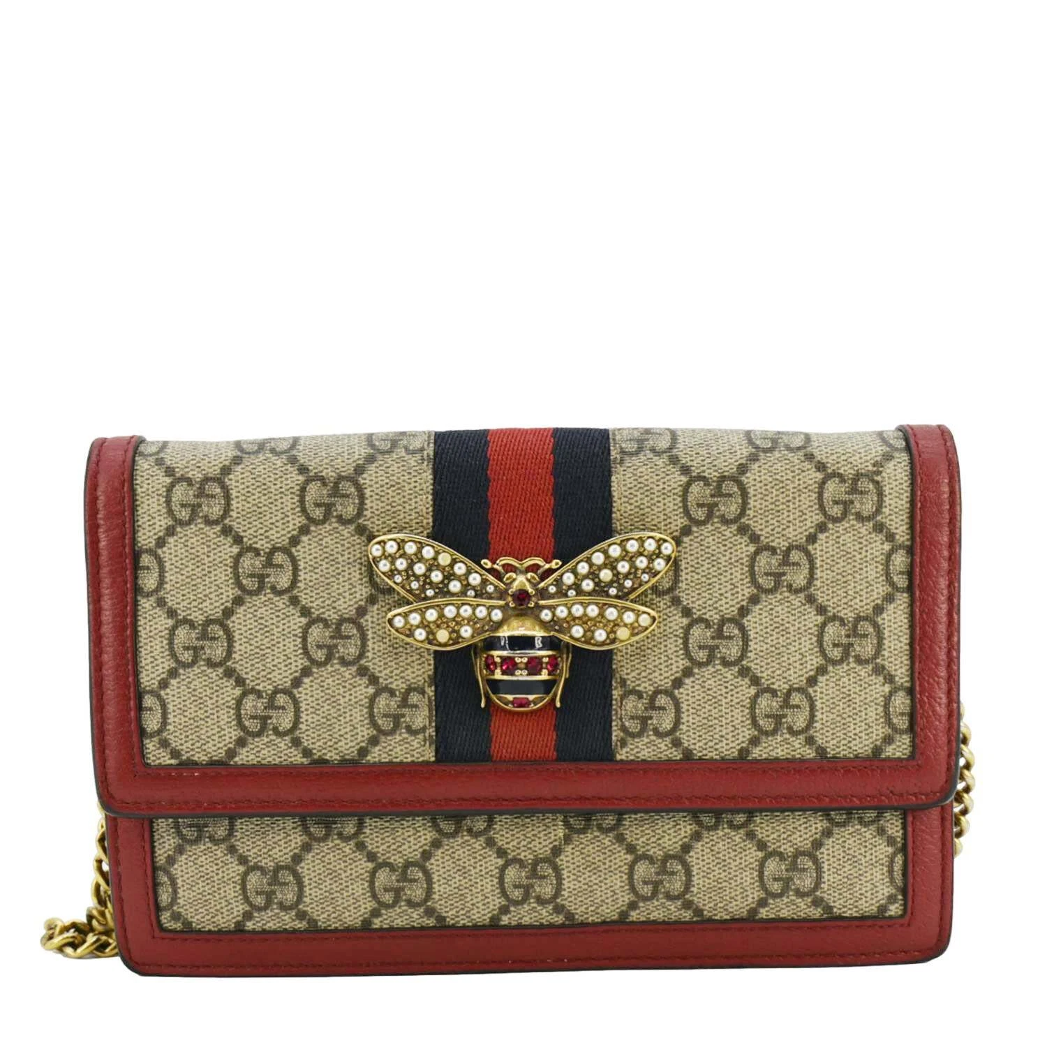 Portefeuille chaîne toile beige GUCCI Web Queen Margaret Mini GG Supreme 476079