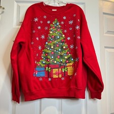 VTG Gildan Holiday Pullover Sweatshirt Red Christmas Tree Presents Size L "Ugly"