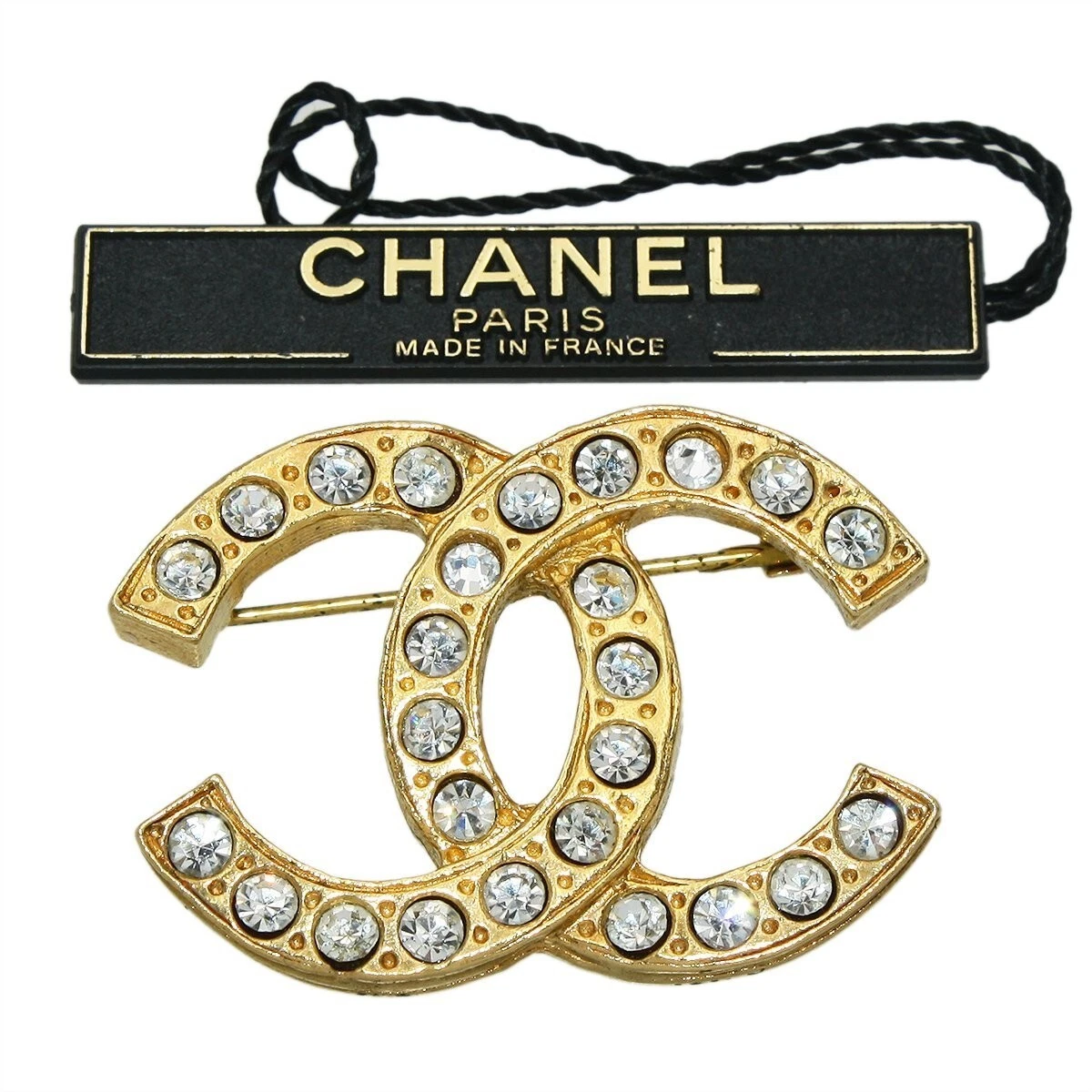 CHANEL Gold-tone Rhinestones Coco Mark CC Logo Vintage Pin Brooch Women  Q1070