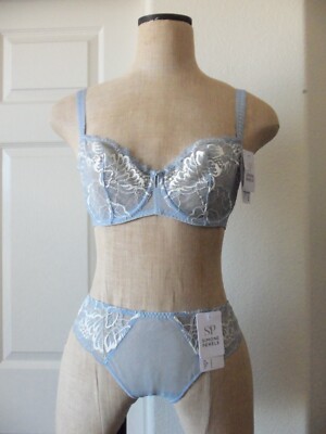 Simone Perele PROMESSE Frozen Blue Mesh White Lace Demi Cup Bra 32E & Tanga S