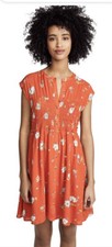 Free People Womens Size SMALL Greatest Day Smocked Button Down Dress Red Orange