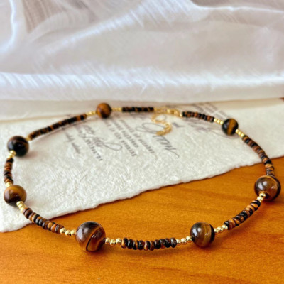 Natural 2x4mm Rondelle & 10mm Round Tiger's EyeGemstone Beads Necklace 16-28in