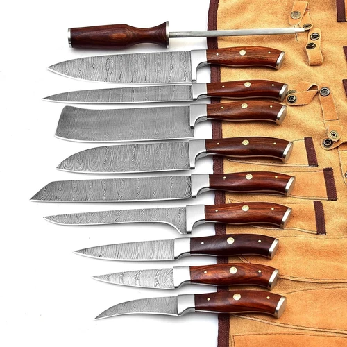 Handmade Damascus Utility Chef/Kitchen Knife Set  Wood Handle with Leather Bag.