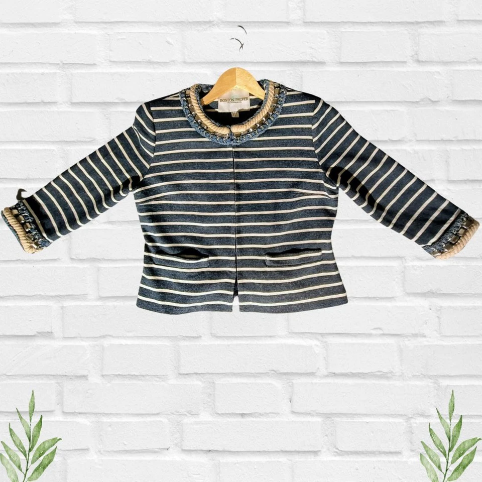 Elegante Blazer Boston Propio Para Mujer Rayas Cuerda Cadena Joya Talla 8 Dinero Antiguo Foto 2 de 4