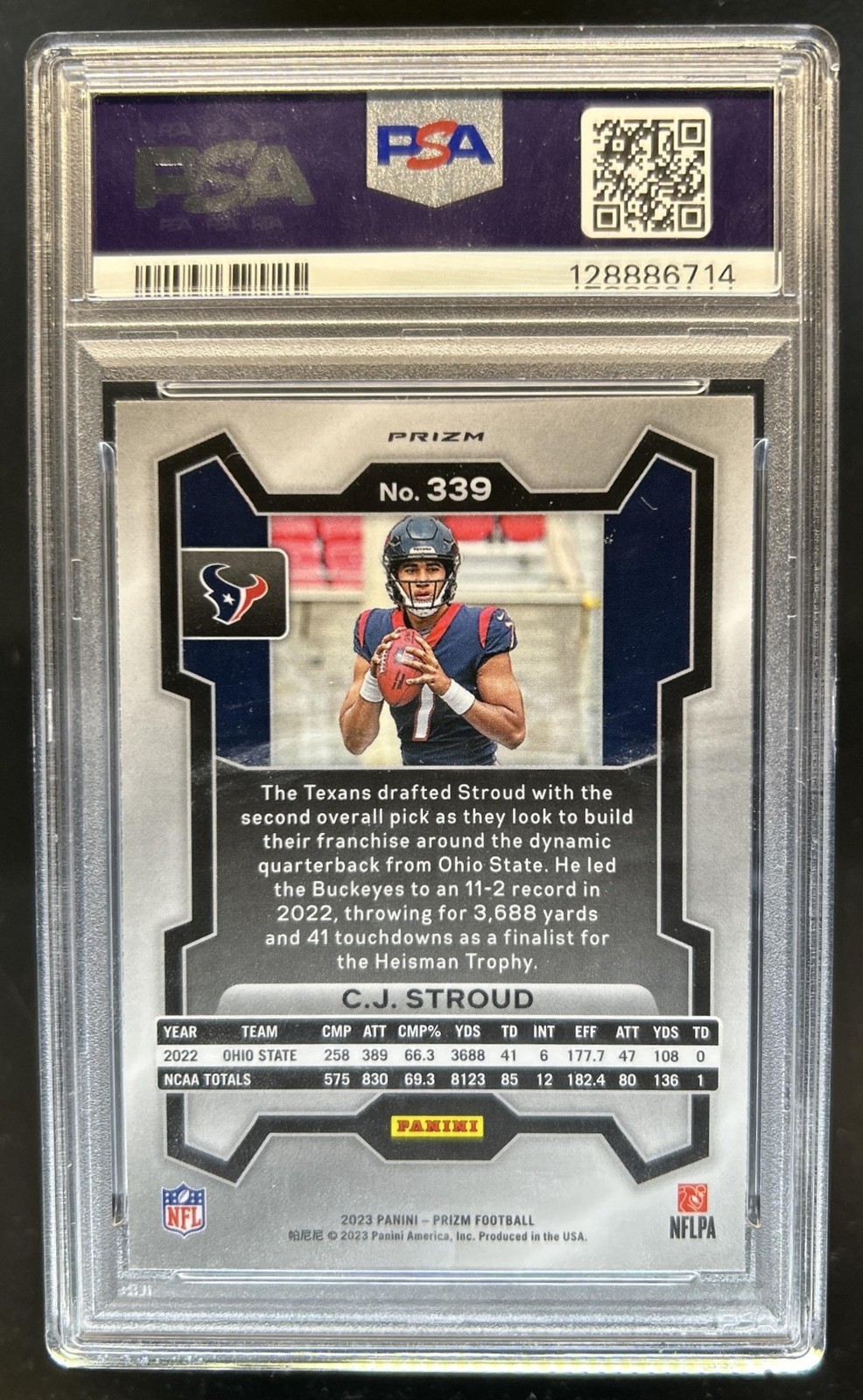 2023 Panini Prizm C.J. Stroud RC Purple Pulsar Rookie #339 Texans PSA 9 view 2