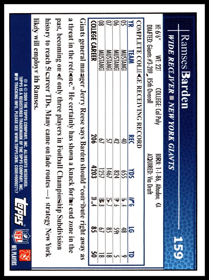 2009 Ramses Barden Rookie Topps Kickoff FOOTBALL RC #159 New York Giants - Image 2 of 2