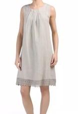 Vintage Rosemarine Italy Linen Dress M Taupe Sleeveless Crochet Lace Boho