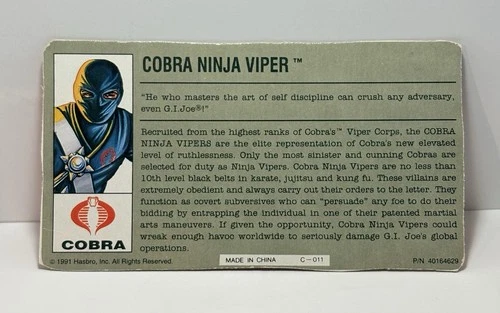 GI Joe Cobra Ninja Viper 1991 File Card *MAIL AWAY, AUTHENTIC! * v1 Vintage