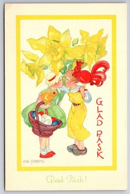 Swedish Artist Aina Stenberg Easter~Art Deco~Boy-Girl Kiss Under Giant Daffodils