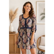 BONGO Bohemian Paisley Scoop Neck Western Boho Festival Dress Sz L Navy Boho #11