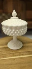 Vintage White Milk Glass Hobnail Fenton Candy Dish Pedestal w/ Lid Ruffled Rim