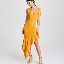 Ronny Kabo Jennifer Ruffle Midi Dress Marigold Yellow Knit Asymmetrical Medium