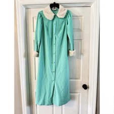 Vintage Henson Kickernick Aqua Button Up Robe Faux Fur Trim Mod Velour Caftan S