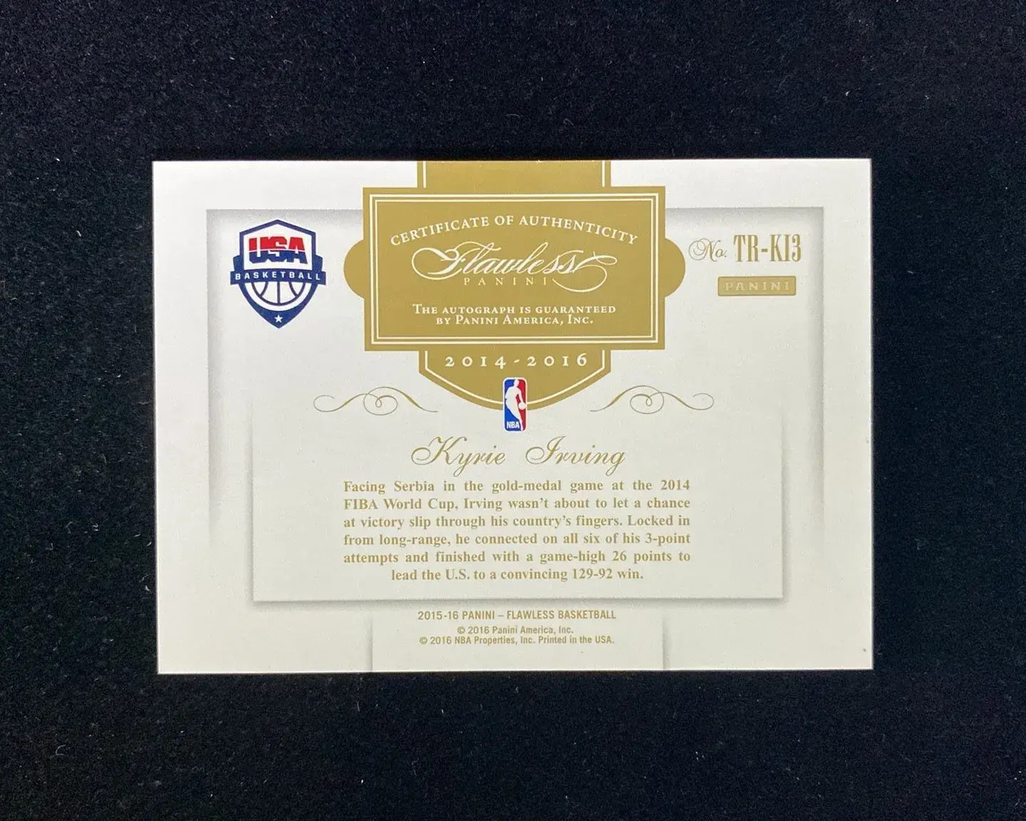 2015-16 Panini Flawless Transitions #TR-K13 Kyrie Irving Auto 18/25 USA WU89 view 2