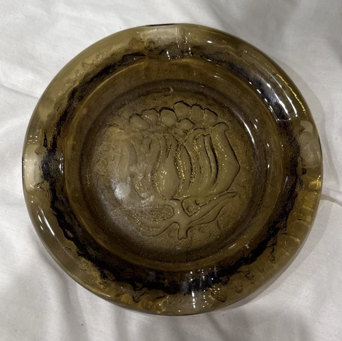 Vintage 6" Blenko Amber Gold Glass Ashtray with Lotus Flower Design (Read)