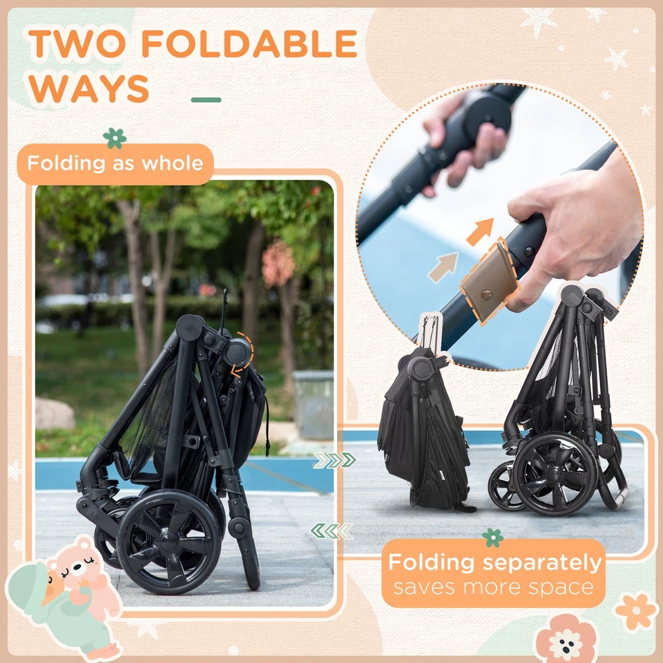 HOMCOM 2 in 1 Pushchair Stroller w/ Reversible Seat Single Hand Foldable Black - Image 4 of 4