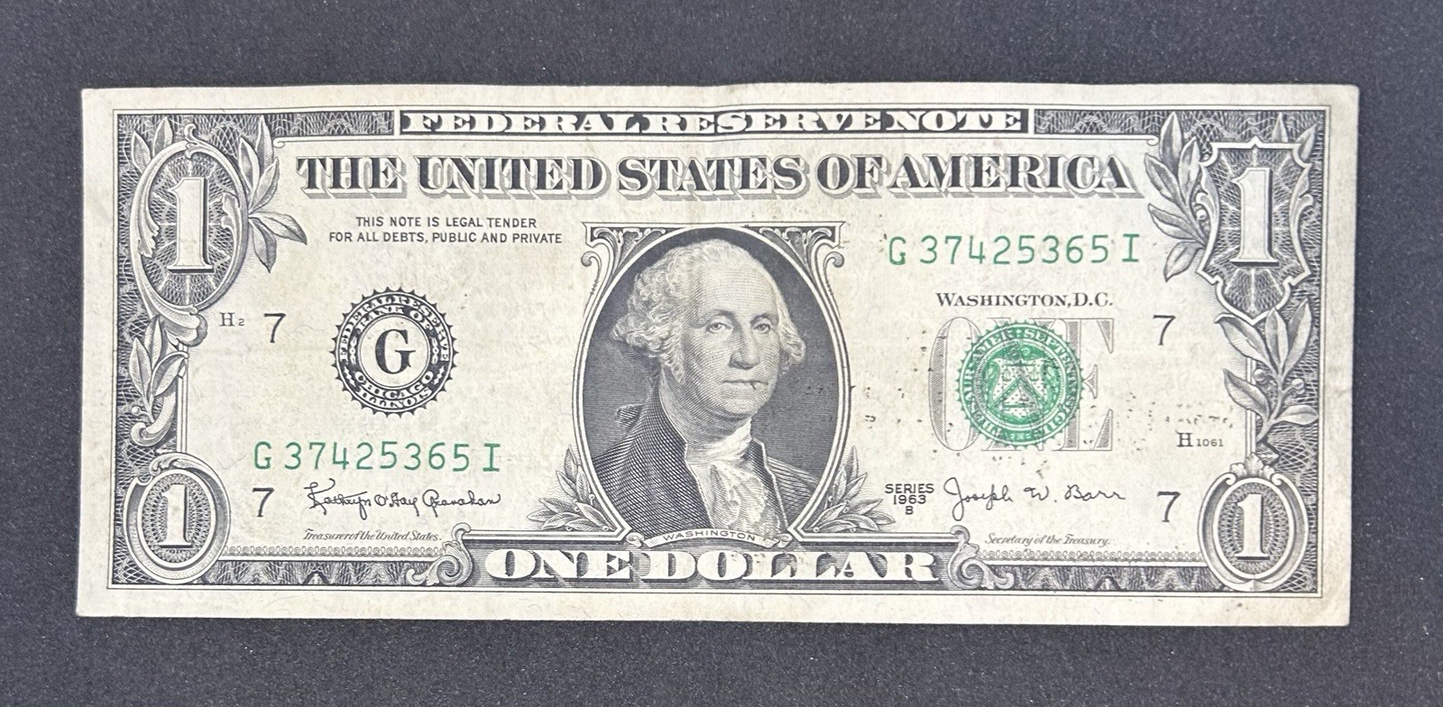 1963 B Joseph Barr Note - $1 One Dollar Bill - G37425365I