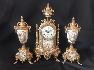GUTE KAISERLICHE FRANZÖSISCHE STIL MESSING KAMINUHR GARNITUR HERMLE UHRWERK