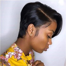PORSMEER Short Human Hair Wig Pixie Cut Hair 13x6 Lace Front Wig Black Bob Wig