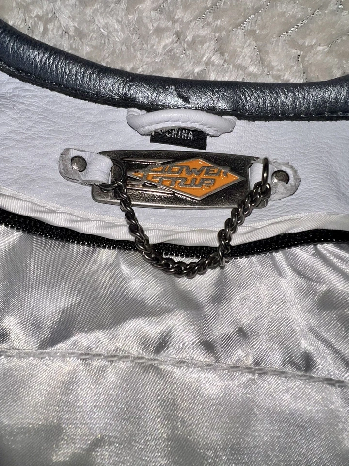 Power Trip Women's Leather Zip Up Motorcycle Jacket Large Cream/Silver Grey Y2K - Image 2 of 4