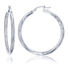 3mm X 35mm 1 3/8" Shiny Diamond Cut Round Hoop Earrings Real 14K White Gold
