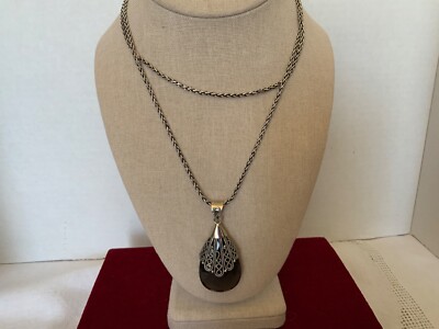 VTG SUARTI BA INDONESIA STERLING WHEAT 32  CHAIN & LRG SS SMOKY QUARTZ PENDANT