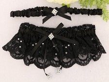 Black Guipure Lace Garter set with Black Satin Ribbon