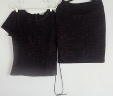 VTG Liz Claiborne Skirt Suit Petite Medium Dark Blue Fuschia Pattern Faux Tweed