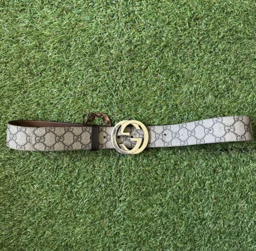 Gucci Belt Men 38 Authentic Grey Beige Silver GG - Picture 1 of 3