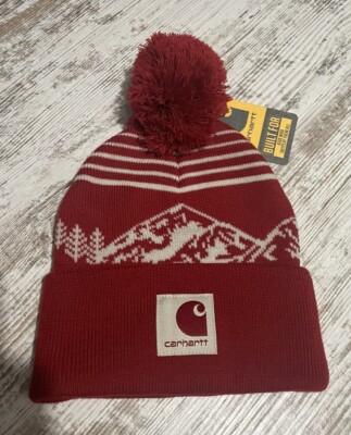 NWT Carhartt Knit Pom Pom Cuffed Logo Beanie Youth One Size Red & White AH9003