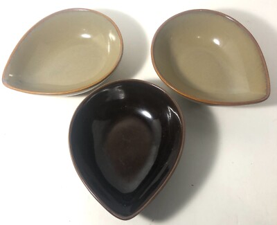 Set Of 3  Port Of  Call Tear Drop Leaf Dishes Condiment/Dip Natural Olive Brown
