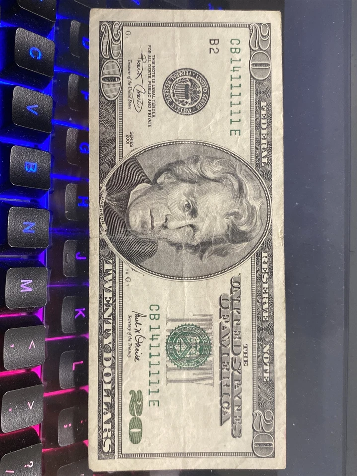 2001 $1  Bill Near Solid 7 Of a Kind (the 1”s), Super Binary Number # 14111111 - Image 2 of 3