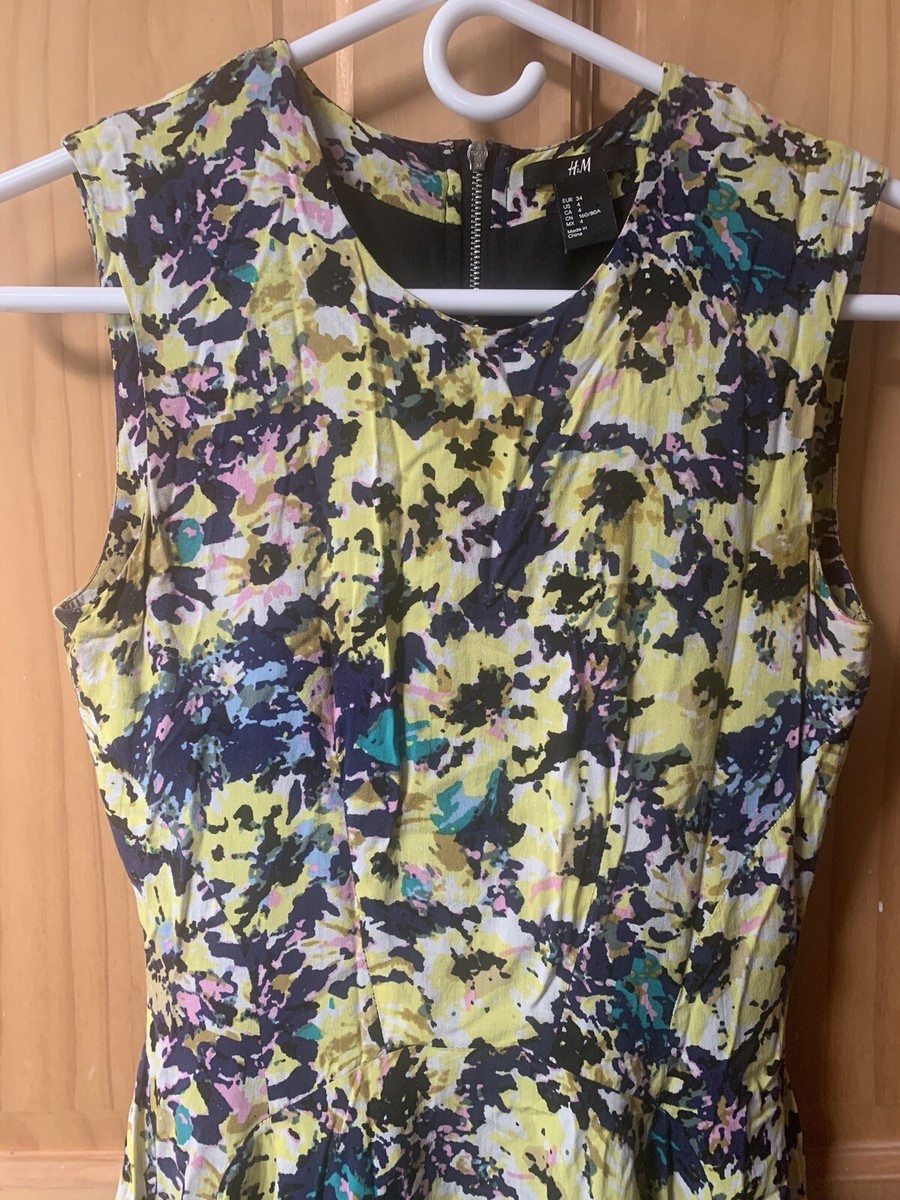 Robe Skater Asymétrique H&M Imprimé Fleuri Jaune — Taille 4, Mini, Doublée, Zip Dans Le Dos
