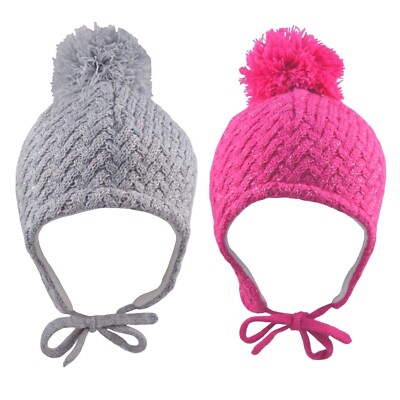 Baby Girl Pom Pom Hat Beanie Bobble Cap Ear Flaps Strap Sparkle