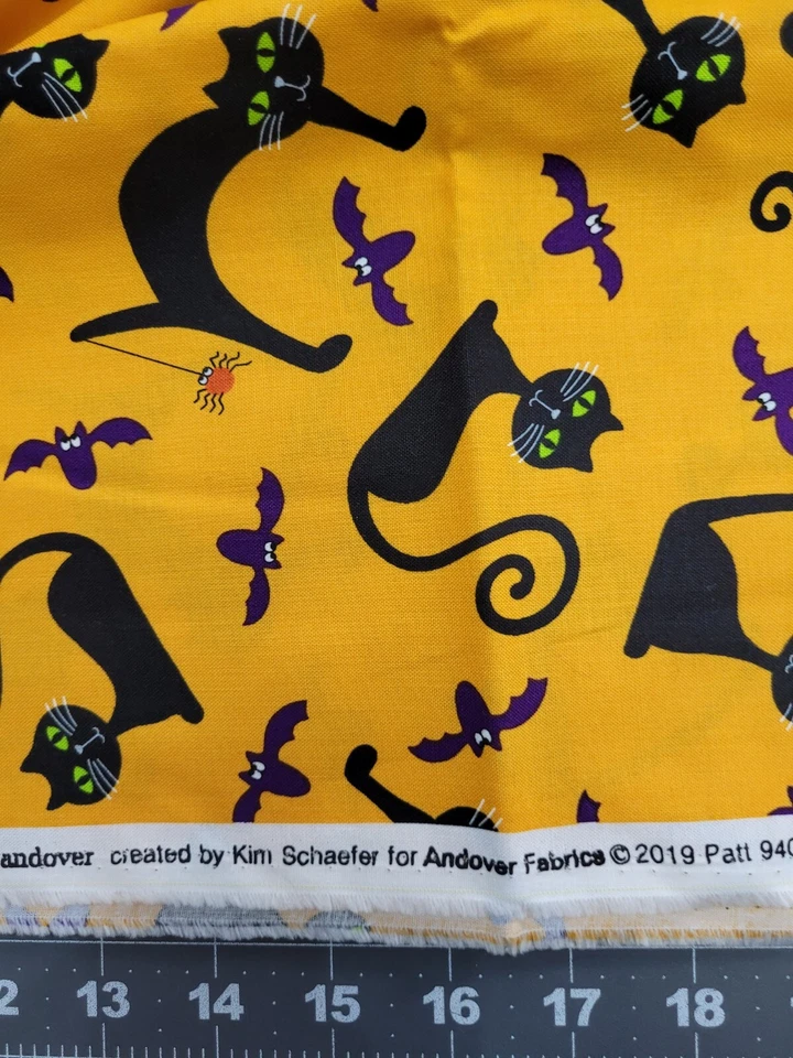 Halloween Black Cats Bats on Dark Yellow Cotton Fabric By Andover Fabrics 2Yards - Image 3 of 3