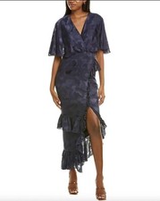 Saloni Dress 0 Navy Floral Midi Silk Romantic Peasant Boho Grunge Formal Wedding