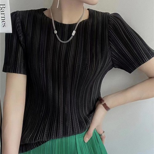 2024SS Fashion Thin Elastic Round Neck Versatile Pleated Hollow Out T-shirt - Picture 7 of 16