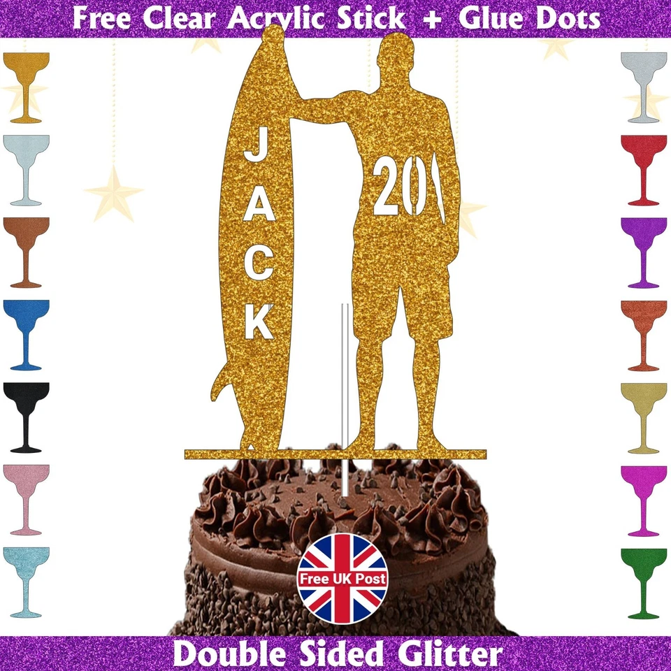 Surfing Birthday Glitter Cake Topper Personalised Surfer Dude with Surfboard - Image 4 of 4