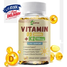 Powerful Vitamin D3 K2 Capsules Extra Strength Supplements with 10000 IU Softgel