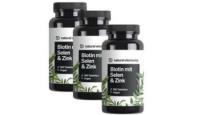 3 x Natural Elements Biotin + Selen + Zink Für Haut, Haare & Nägel - 3x  365 Veg