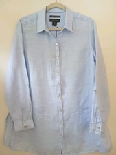 Tahari Essentials Sz M 42" 100% Luxe Linen Chambray Blue Button Up Tunic Shirt
