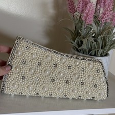 Pearl Beaded Hand Help Clutch Purse Evening Bag Long Asymmetrical Magnetic Clasp
