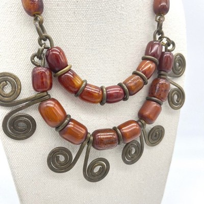 Vintage Phenolic Bakelite Brass Spiral Bib Statement Necklace Tribal